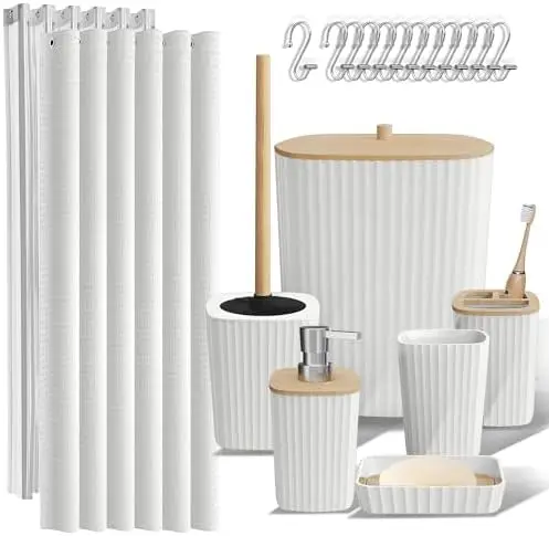 

Clara Clark 20-Piece White Bathroom Accessories Set – Shower Curtain, Toilet Brush, Trash Can & Soap Dispenser