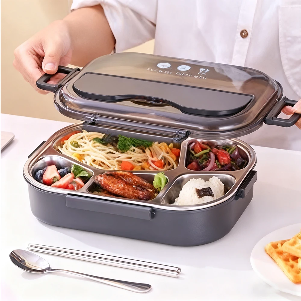 

304 stainless steel 5-grid insulated lunch box, equipped with chopsticks, spoons, microwave heating, detachable, school office