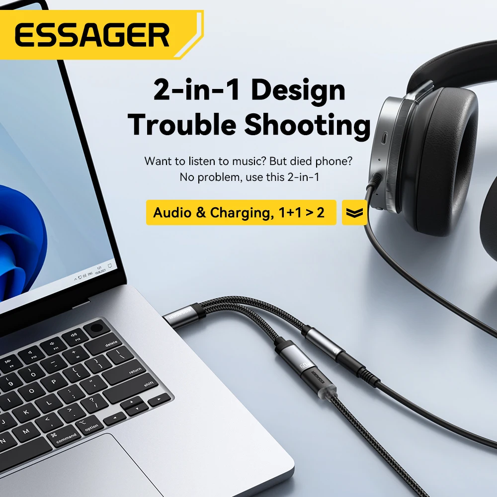 ESSAGER 2 w 1 Adapter audio typu C Ładowarka PD 60W Szybkie ładowanie z kontrolą linii 3,5 mm dla iPhone'a Android Phone Tablet PC — zdjęcie produktu 2