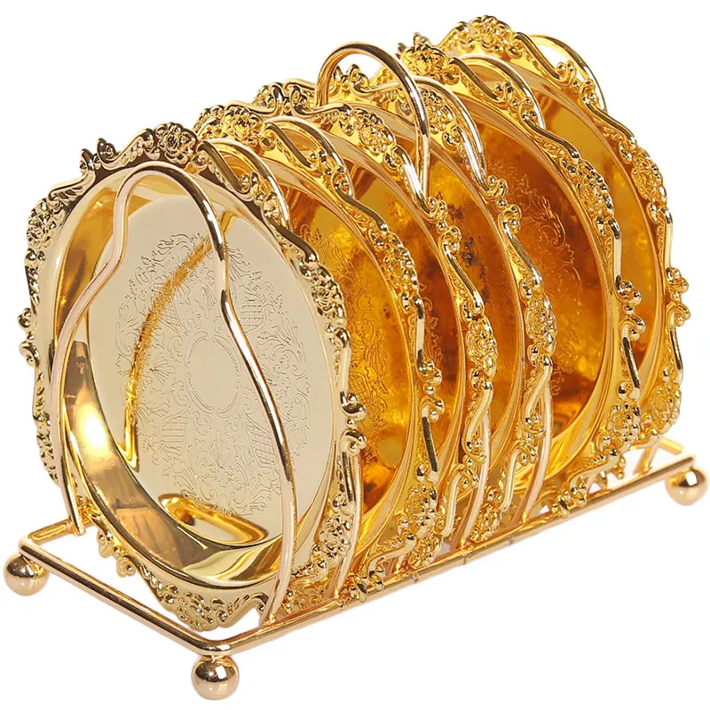 6pcs Classical Golden Cocktail Metal Coaster Continental Vintage Zinc Stainless Steel Silver Plated Gold Plated Mat MJ708