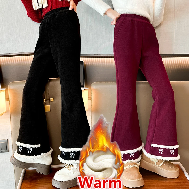 Kids Child New Winter Bootcut Pants with Fleece-Lined for Teen Girls Fashion Black Burgundy Color Warm Insulated Flared Trousers