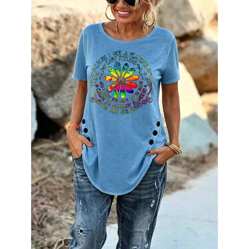 ilstile Women's Vintage Flower Print T-Shirts Summer Hippie Short Sleeve Casual Loose Round Neck Tops White Green Tees NEW