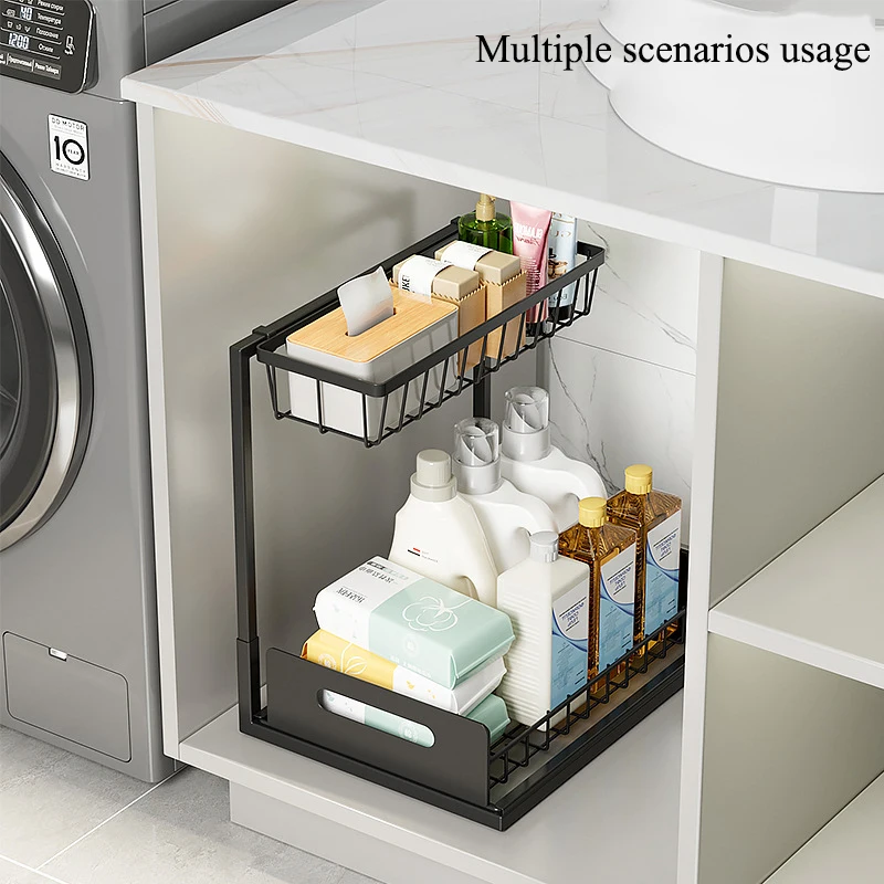 Kitchen Storage Shelf for Clutter-Free Ironwork 2-Tier Dish & Spice Storage Rack Multi-functional Pull-Out Under Sink Organizer