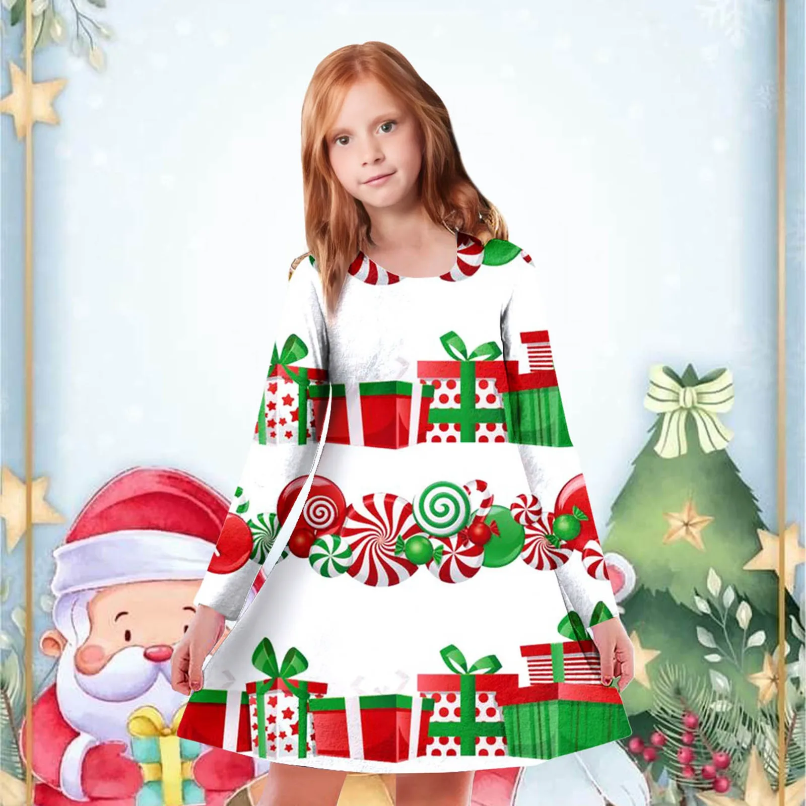 

2024 Christmas Dress Kids Long Sleeve Full Printing Casual Elk Xmas Baby Girls Clothes Santa Claus New Year Party Dresses Outfit