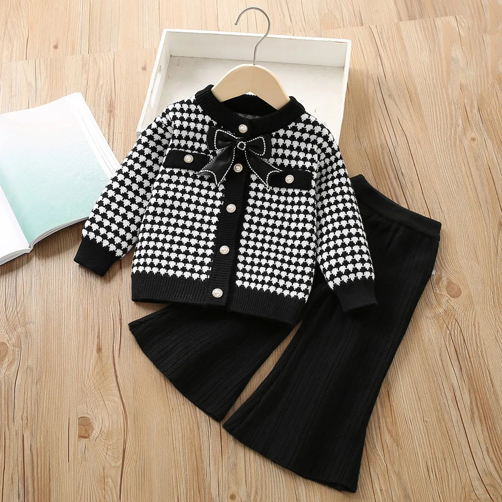 

Girls' Sweater Set Autumn/Winter New Style Children's Korean Edition cardigan and flared pants two-piece set