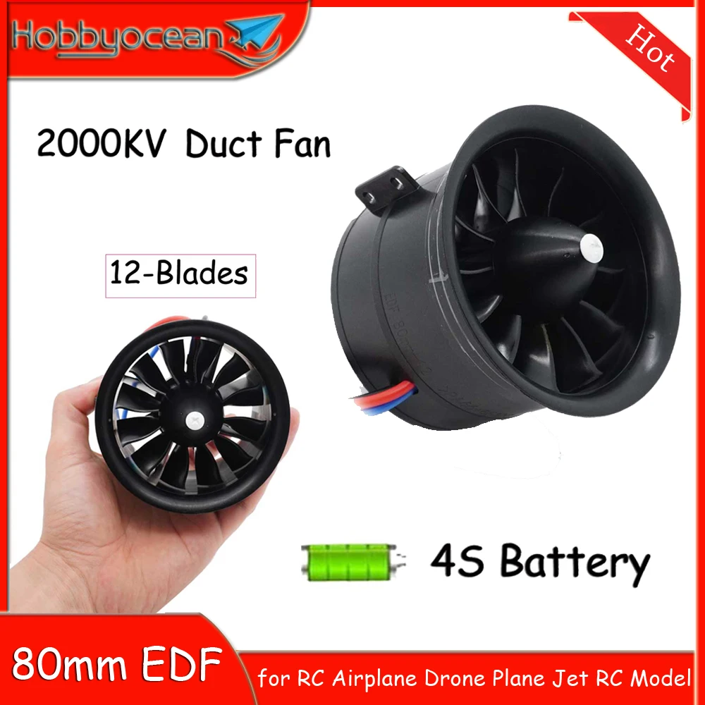 Hobbyocean 80mm Duct Fan EDF 12-Blades with Brushless Motor 4S 2000KV for RC JET Airplane Drone RC Model Parts