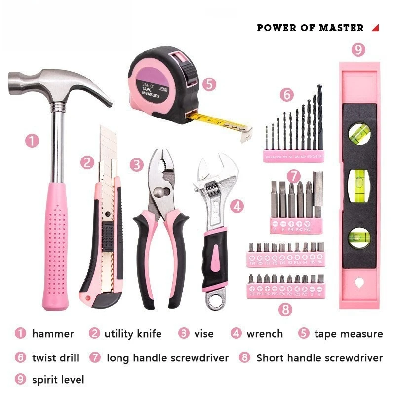 

Pink electric screw batch accessories portable screwdriver hand tools tape measure wrench pliers lithium battery drill set