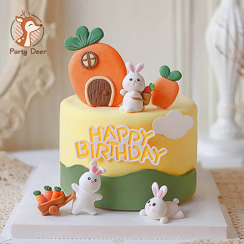 Lovely Bunny Forest Department Decoration Happy Birthday Rabbit Eat Carrots Cake Topper for Children Kid Party Baking Supplies