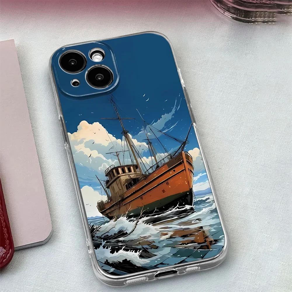 Phone Case For Samsung Galaxy S25 S26 S24 S21 S23 Plus FE Note 20 Ultra A53 A56 A55 A36 A54 A34 A35Sailboat Waves Soft Cover