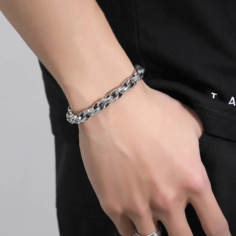 New Trend Simple S925 Sterling Silver Six Character Mantra Men's Bracelet Hip Hop Punk Niche Designs Luxury Jewelry Gift