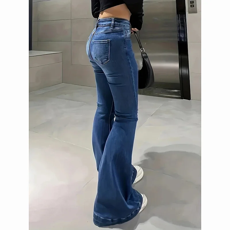 2025 Lady Chic Fashion High Waist Flared Jeans Women Comfortable Stretchy Thin Denim Pants Girls Concise Bell Bottoms Trousers