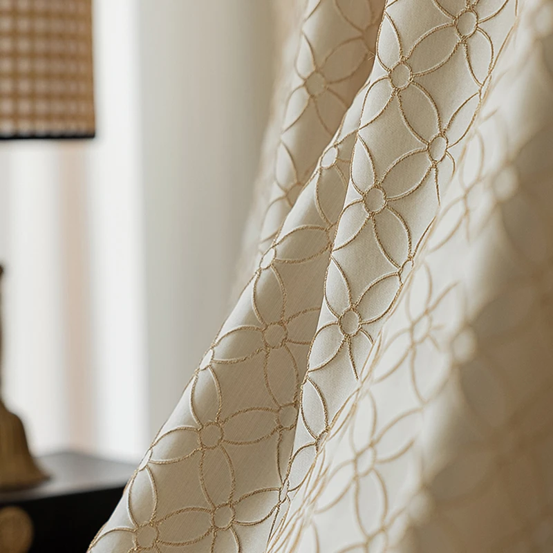 

French Cream Style Luxury 3D Light Gold Embroidery Jacquard Blackout Curtains for Living Room And Bedroom，Home Window Curtains