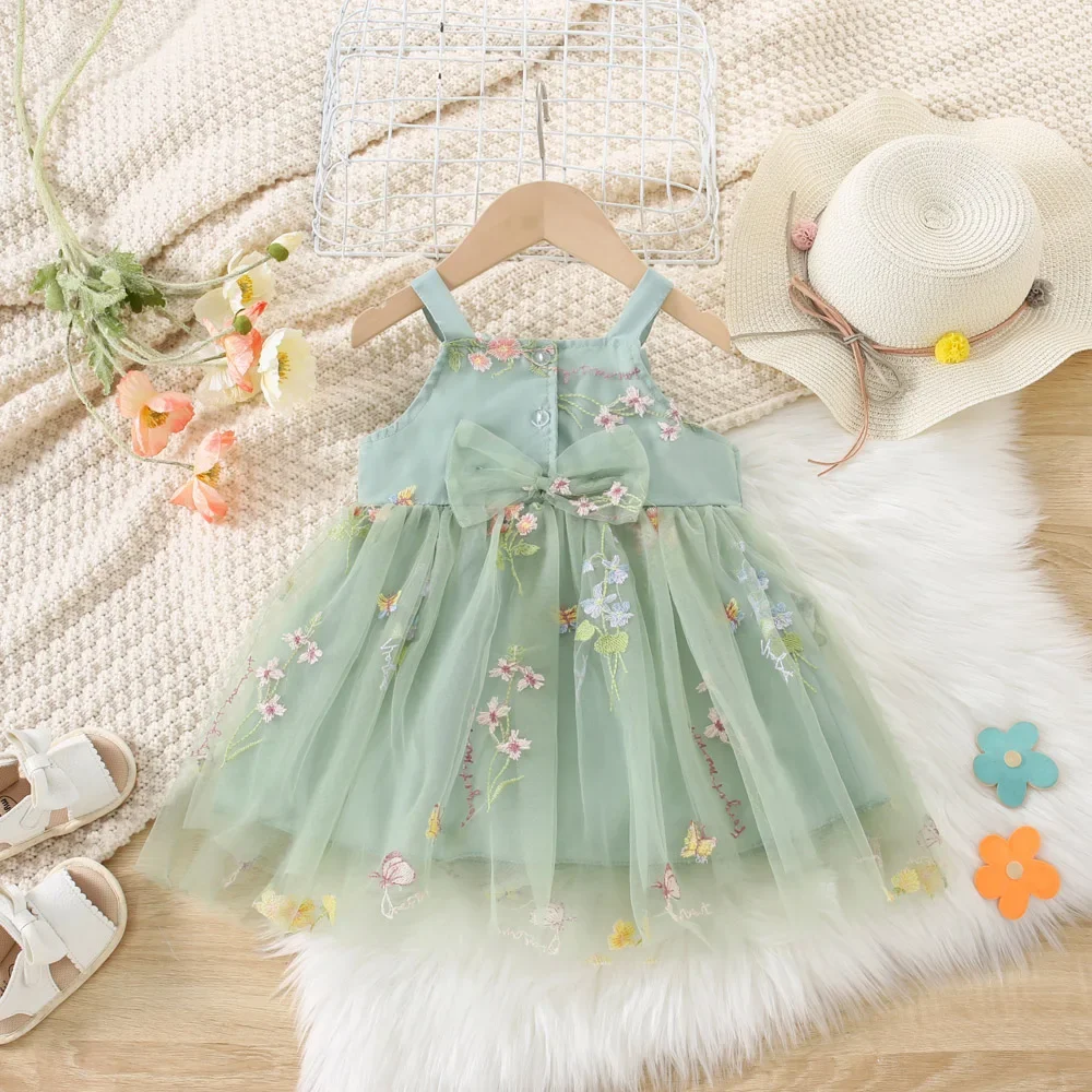 (0-3 Years Old) Summer Mesh Floral Bow Baby Girl Dress Cute And Sweet Double Layered Gauze Girl Princess Dress