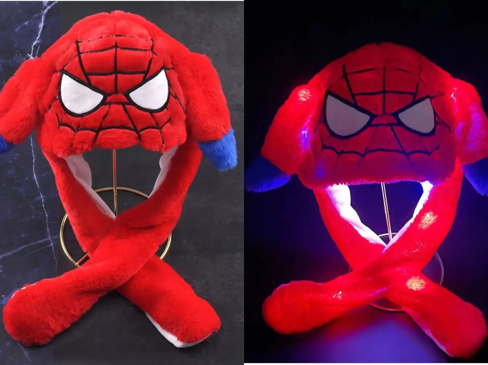 Nowa pluszowa czapka LED Marvel z królikiem, świecąca czapka, figurki anime, czapka Spidermana, zabawki dla dziewczynek, śmieszna czapka z ruchomymi uszami, urocza czapka dla dzieci i dorosłych. ﻿