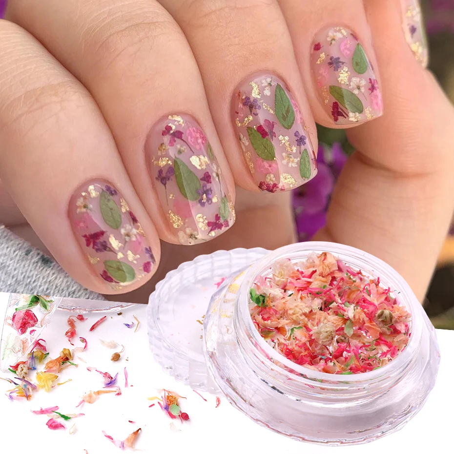 3D Dried Flowers Nail Jewelry Stickers Real Floral Fragments Decals Craft Petal Press On Nails DIY Charms Wedding Manicure Decor