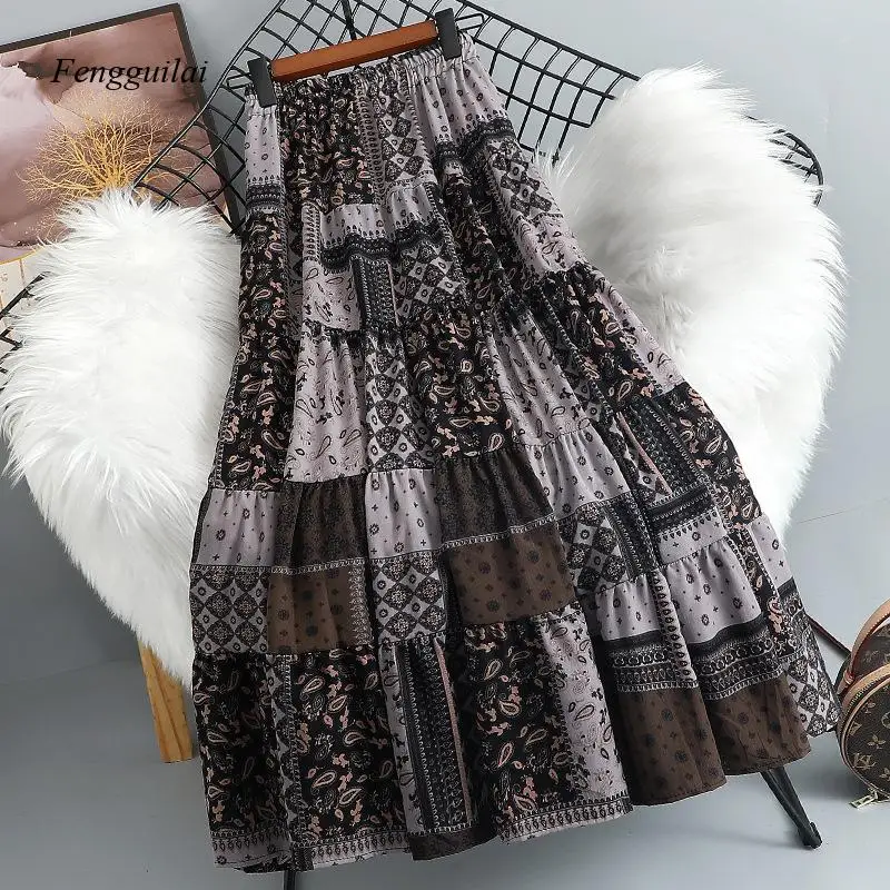 Ethnic Style Contrasting Printed Mid Length Skirt for Women In Spring, New Elastic Waist Bohemian A-Line Patchwork Skirt