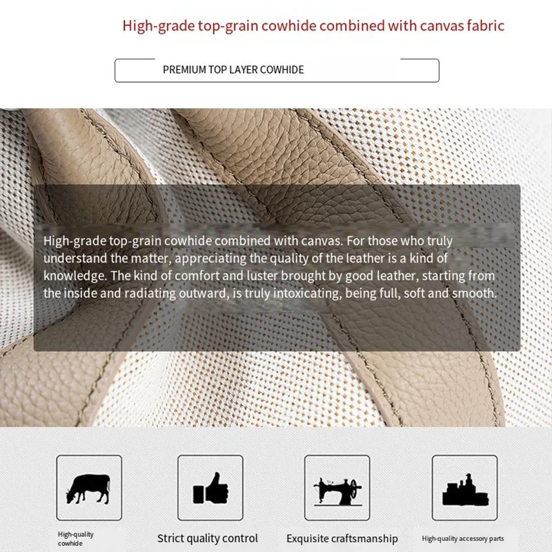 New women's handbags, niche high-end handbags, genuine leather tote bags, top-grain cowhide casual bags, large-capacity color-blocked canvas bags