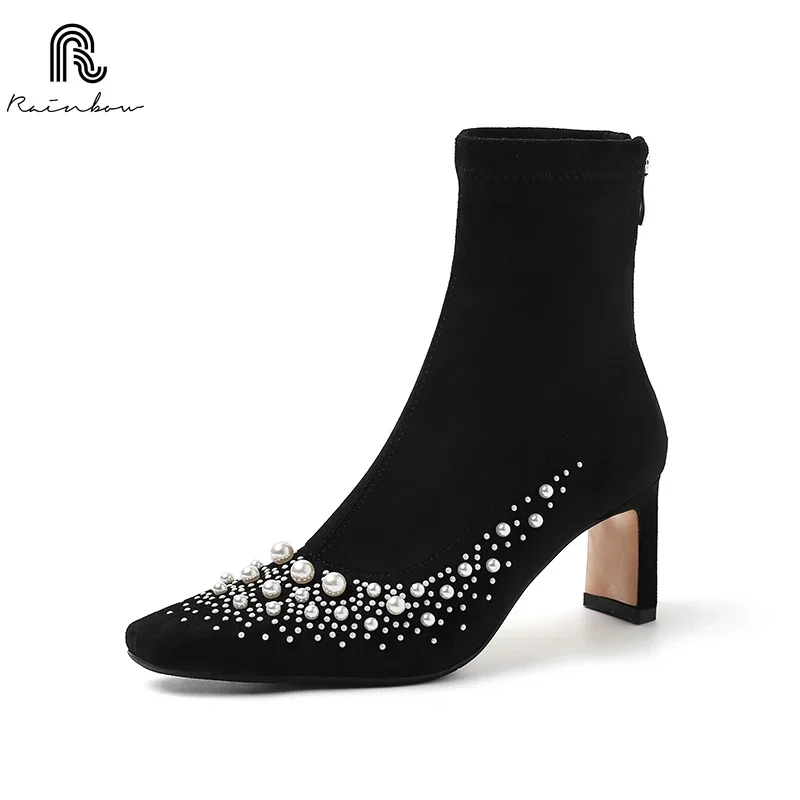 RAINBOW-Botas de emagrecimento para mulheres, couro genuíno, salto alto, botas elásticas de meia, sapato de tornozelo com rebite de pérolas da moda, tamanho 34-42, novo, outono e inverno