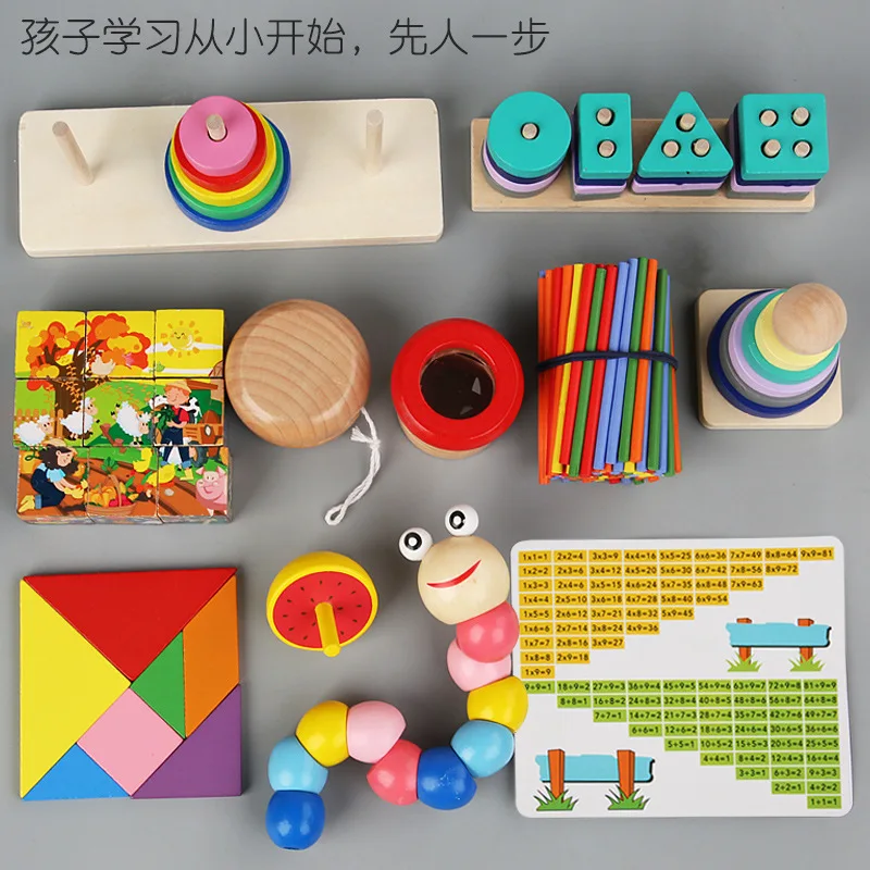 

Enlighten toy eleven piece set children baby puzzle board game cognition wooden geometric shape pair building block