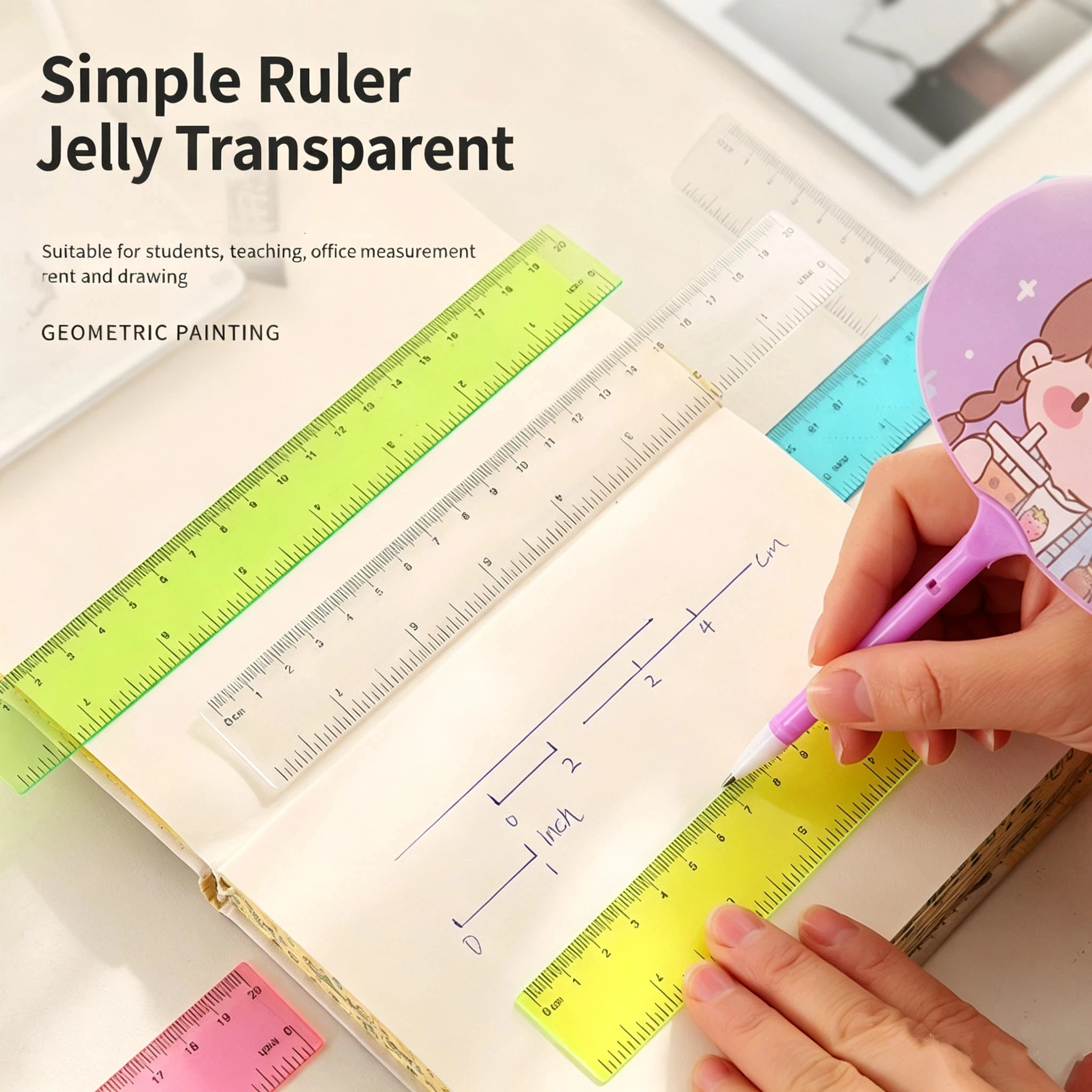 Colorful plastic ruler, creative drawing tool, 20cm scale, cute transparent stationery, elementary school ruler