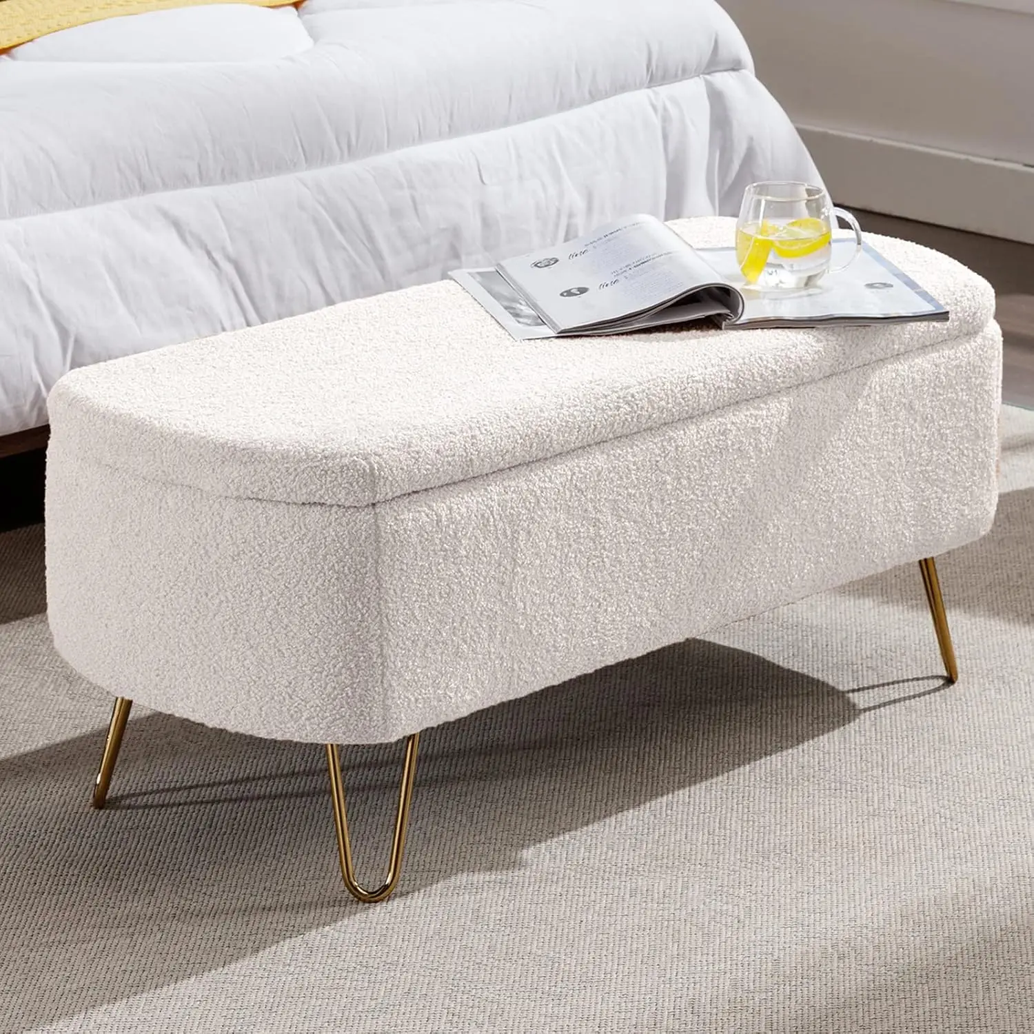 

Storage Ottoman Bench Vintage Boucle Upholstered Gold Legs Bedroom Entryway Living Room 45", Customized