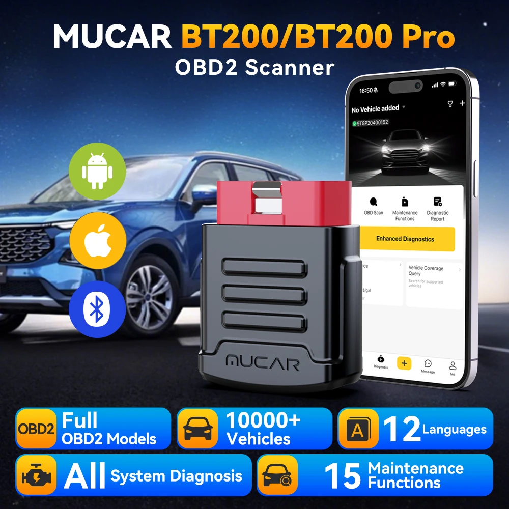 MUCAR BT200/BT200 Pro OBD2 Scanner Diagnostic Tool Bluetooth, Full System Automotive Scan Tool Free Oil/SAS 15 Reset Code Reader