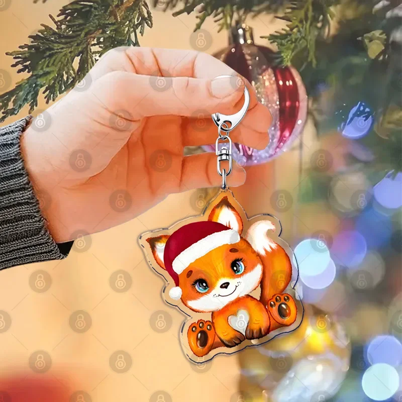 Christmas Baby Bear Fox Sloth Elephant Penguin Giraffe Bunny Keychains Ring for Accessories Bag Double-sided Printing Key Chain