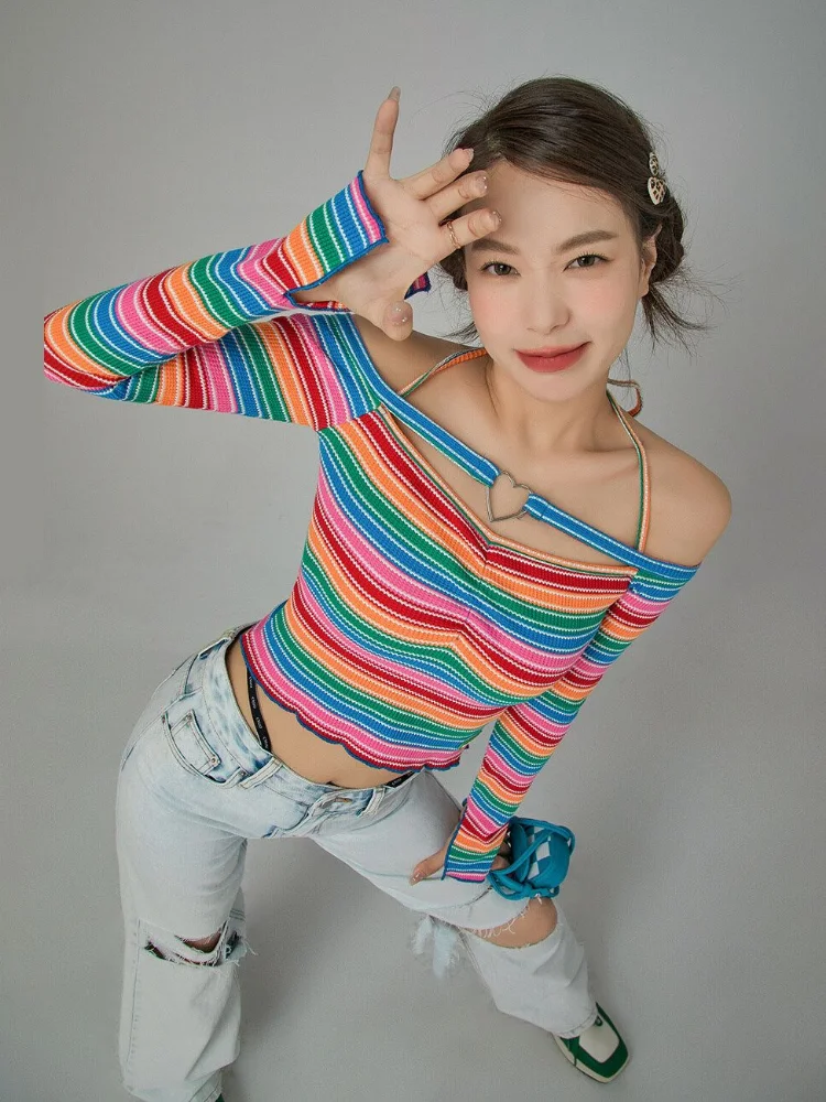 Harajuku Rainbow Striped Slim T-shirts Casual Slash Neck  Hollow Out Cropped Tops Women Long Sleeve Sexy Y2k Aesthetic Tees