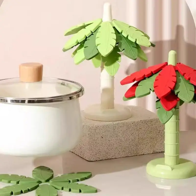 

4PCS Leafs Mat With Tree Trunk Storage Rack For Hot Dishes Folding Tree Shape Table Mat Holders Heat Insulated Pad Set Coasters
