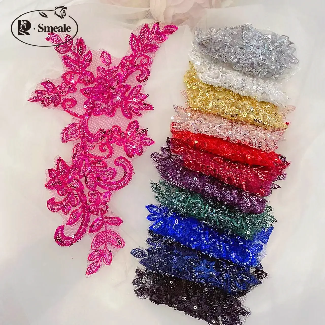 10 Stück/2 Stück, bestickte Spitze, mehrfarbige Perlen, elegantes Hochzeitskleid, funkelnd und glänzend, DIY-Nähkleidungsdekoration