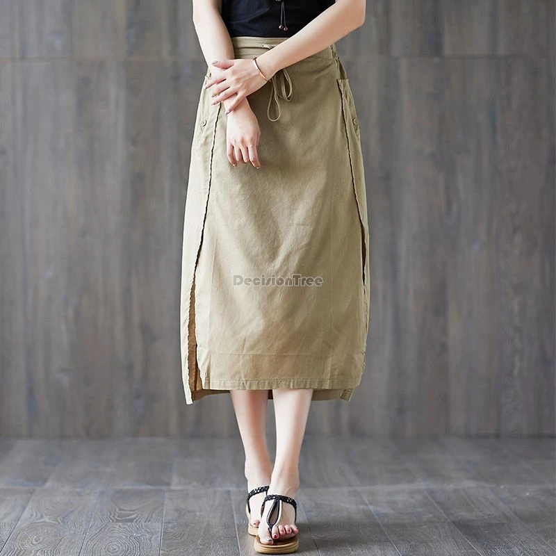 2024 retro chinese cotton hemp skirt female spring summer long elastic high waist loose casual half skirt female long skirt w338