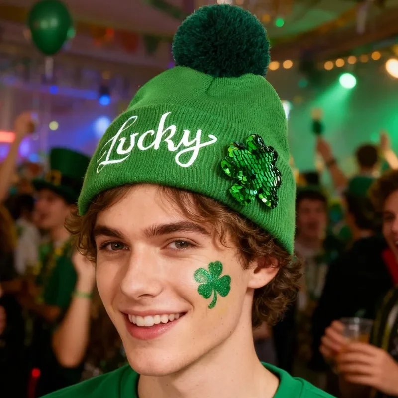 

Costumes and Props Lucky Charm Beanie for Adults - Embroidered Four Leaf Clover Hat for St. Paddy's Day Party