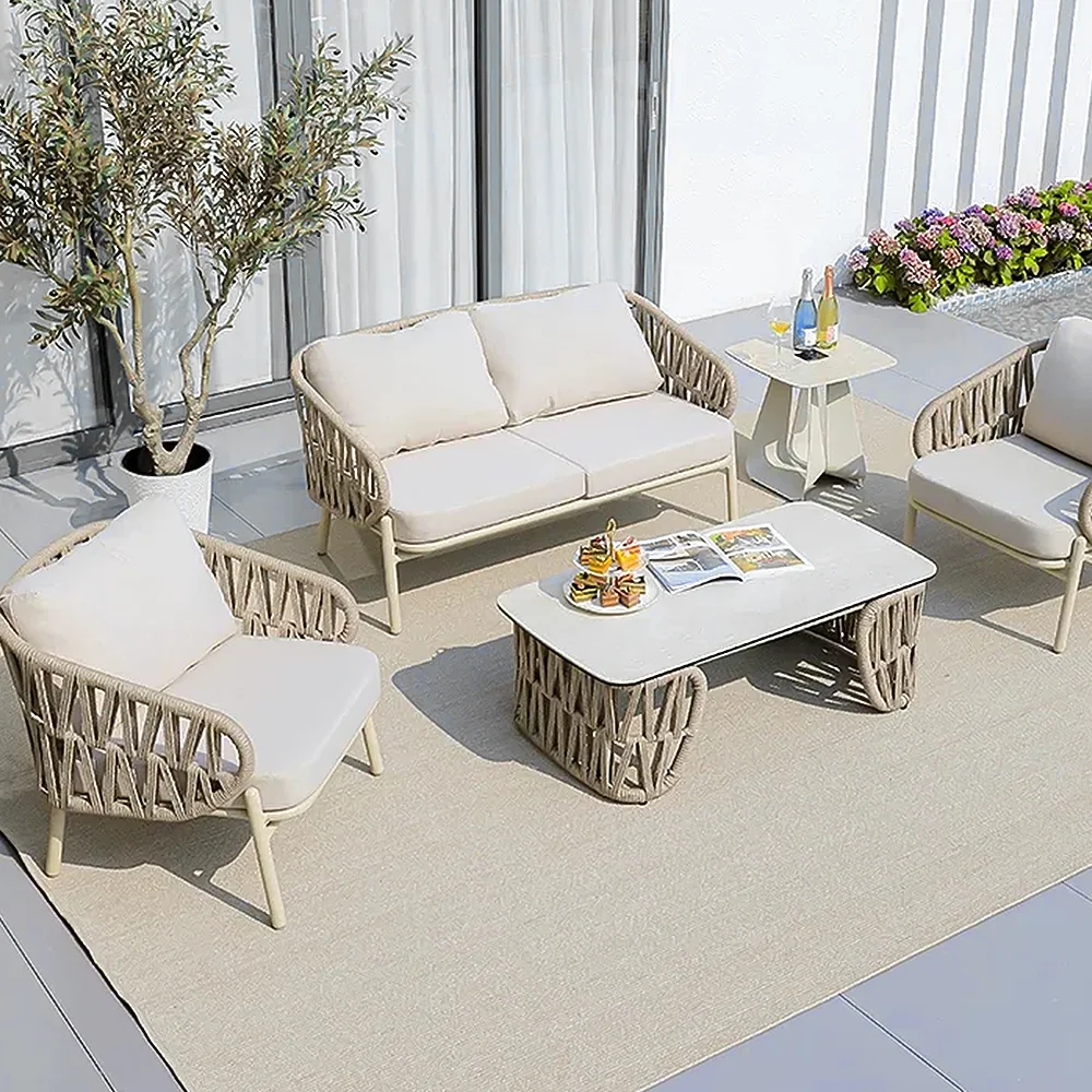 Modern Leisure Outdoor Furniture Waterproof Teak Wood Frame Rattan Garden Sofa Set for Villa Patio Hotel Courtyard Park Use