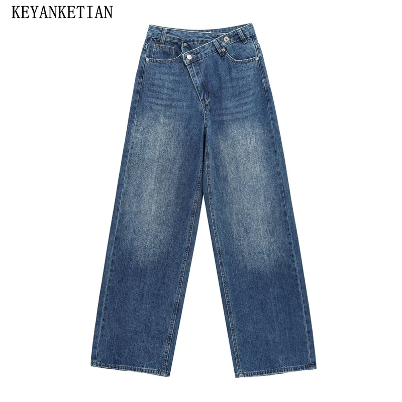 KEYANKETIAN 2025 Spring New Women Asymmetrical Zipper High waist Jeans Wide leg Pants Street style Loose Fashion Denim Trousers