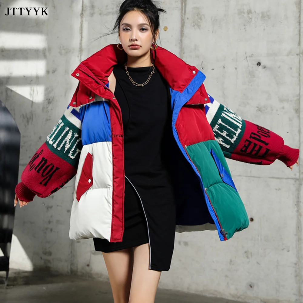 Streetwear Letter Stitching Fashion Down Jacket Women\'s New Hooded Parka Loose Winter Down Coat Female Thick Casual Warm Clothes