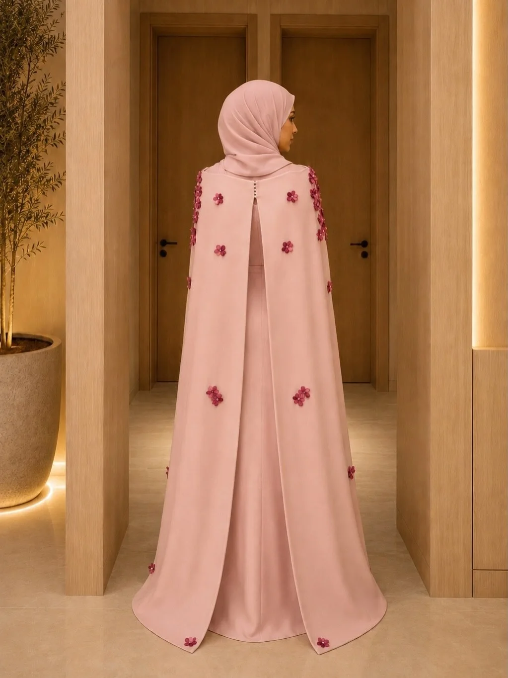 Damen Formelle Abendkleider Rosa Dezente Cape-Abaya 3D-Blumen Meerjungfrau Lange Abendkleider Elegante Partykleider