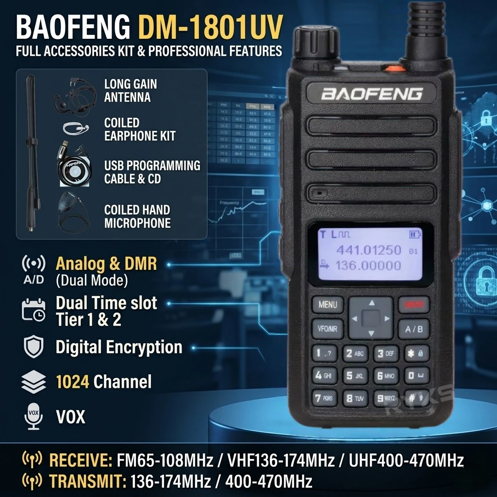 Handheld Dmr Walkie Talkie Baofeng Dm-1801Uv Dual Time Slot 5W Vhf/Uhf Dual Band Radio With Earpiece & Cable For Business