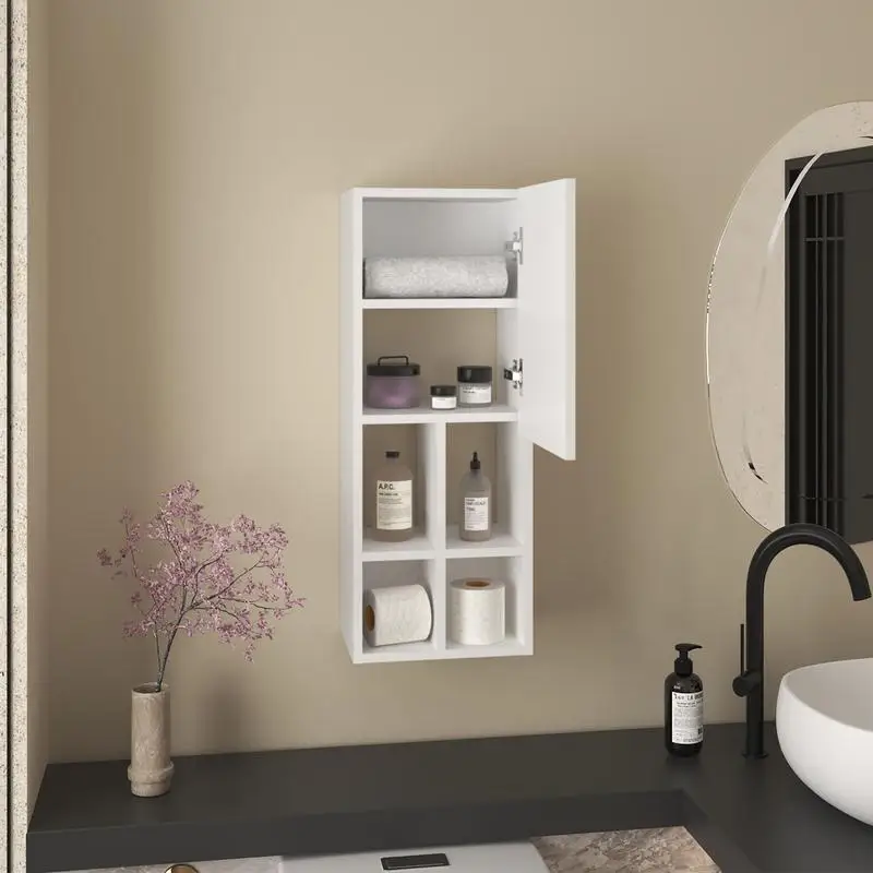 خزانة حمام بباب واحد، منظم لأدوات الزينة والمناشف، لمسة نهائية بيضاء، تصميم موفر للمساحة للتخزين المنزلي، أنيق #2