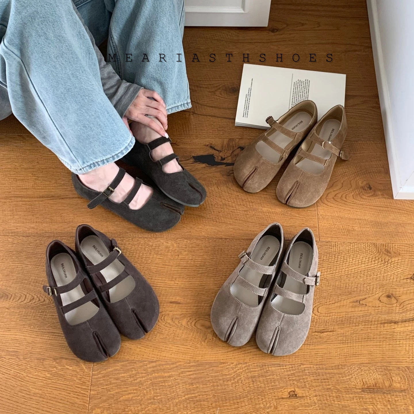Spring/Fall Mary Janes Women suede leather Solid Color Split toe loafers Slip-on Shallow Flats Casual Ballet Ladies tabi Shoes