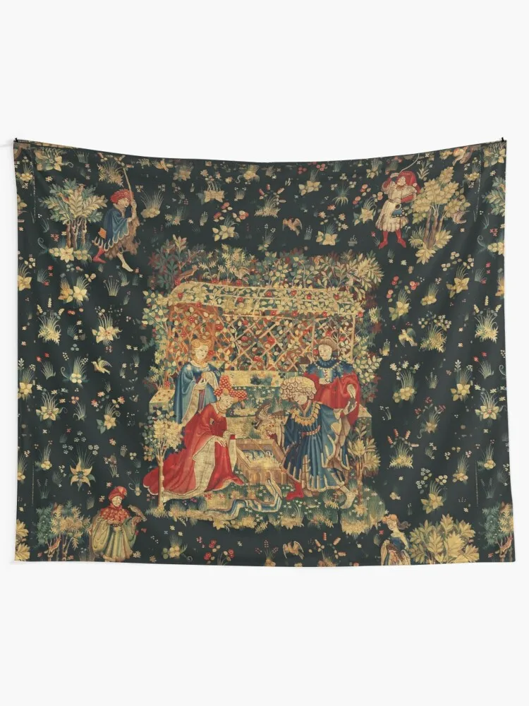 FALCONS BATH Red Blue Antique Medieval Tapestry,Court Figures,Birds, Flowers ,Rose Trellis Tapestry Christmas Decoration 2023