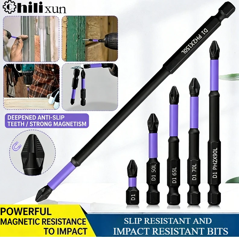 

D1 Anti-Slip and Shock-Proof Bits Screwdriver Bits,High Hardness Strong Magnetic 25/50/65/70/90/150mm PH2 Screwdriver Set