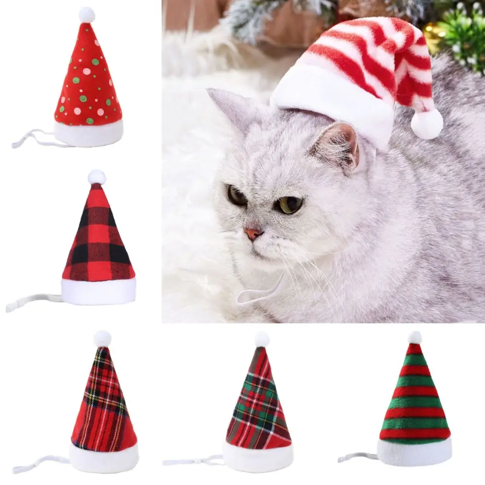 New Christmas Pet Hat Soft Warm Xmas Decor Dog Headwear Plush Red Plaid Costume Accessories for Puppy Cat