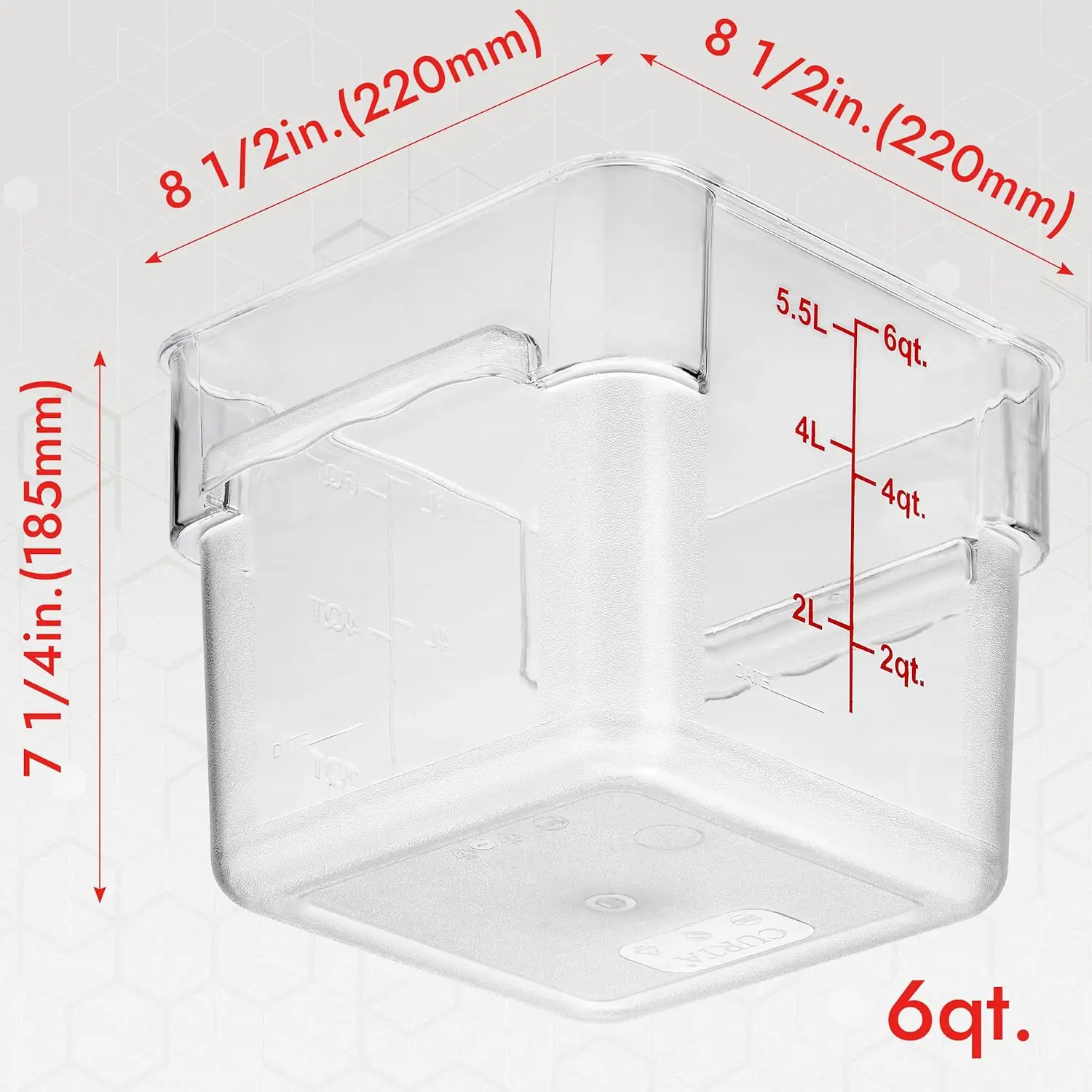 4 Pack Food Storage Container with Red Lid - NSF Commercial Grade in 6.0 Qt - Square, Clear, Polycarbonate