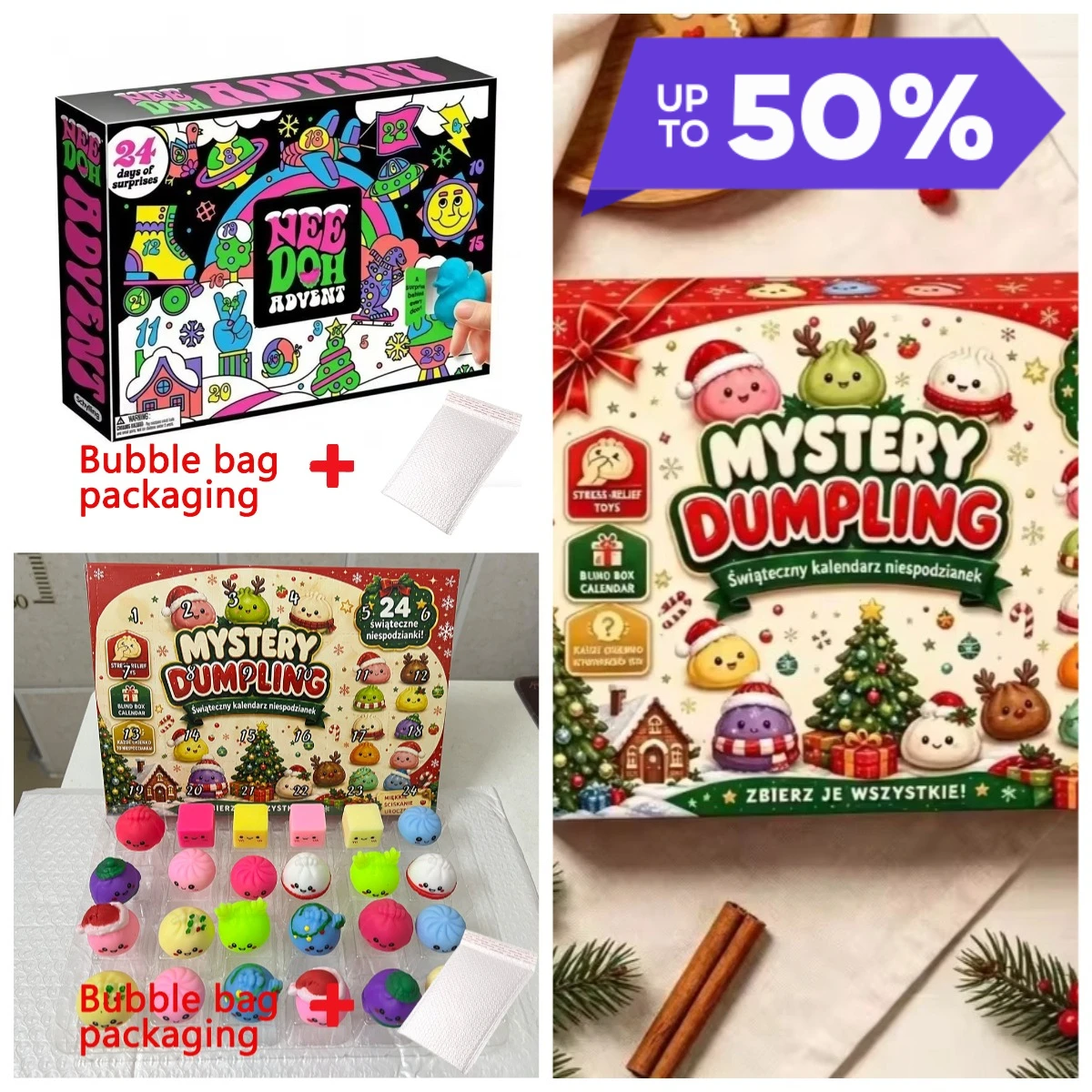 NeeDoh Mystery Dumpling Squeeze Toy Advent Calendar 24pcs Christmas Blind Box Christmas Countdown Fidget Squishies Stress Relief
