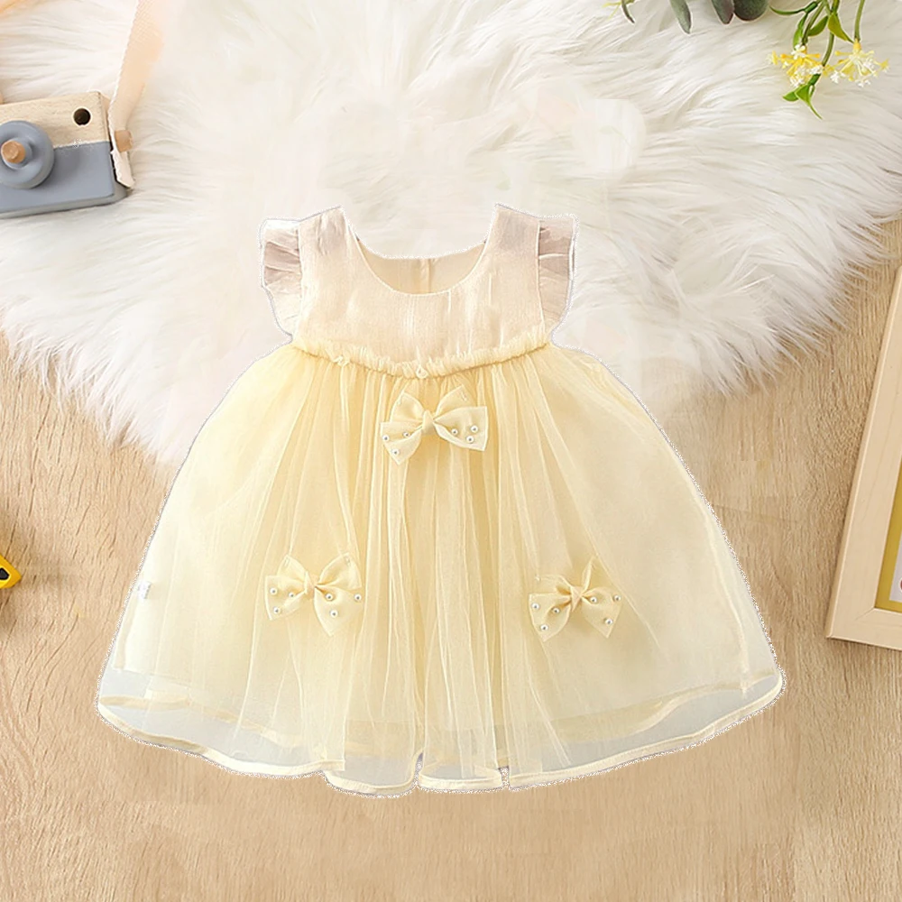 Baby Girl Dress Summer Girl Bow Pearl Mesh Princess Dress Cute Girl's First Year Dress Birthday Party Dress  Baby Girl Clothes