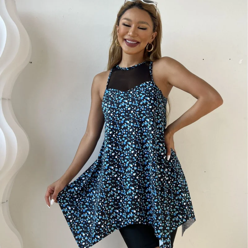 New Plus Size Bikini Swimsuit Slimming Mesh Print Conservative Large Size Boxer Briefs Two-Piece Swimsuit for Women