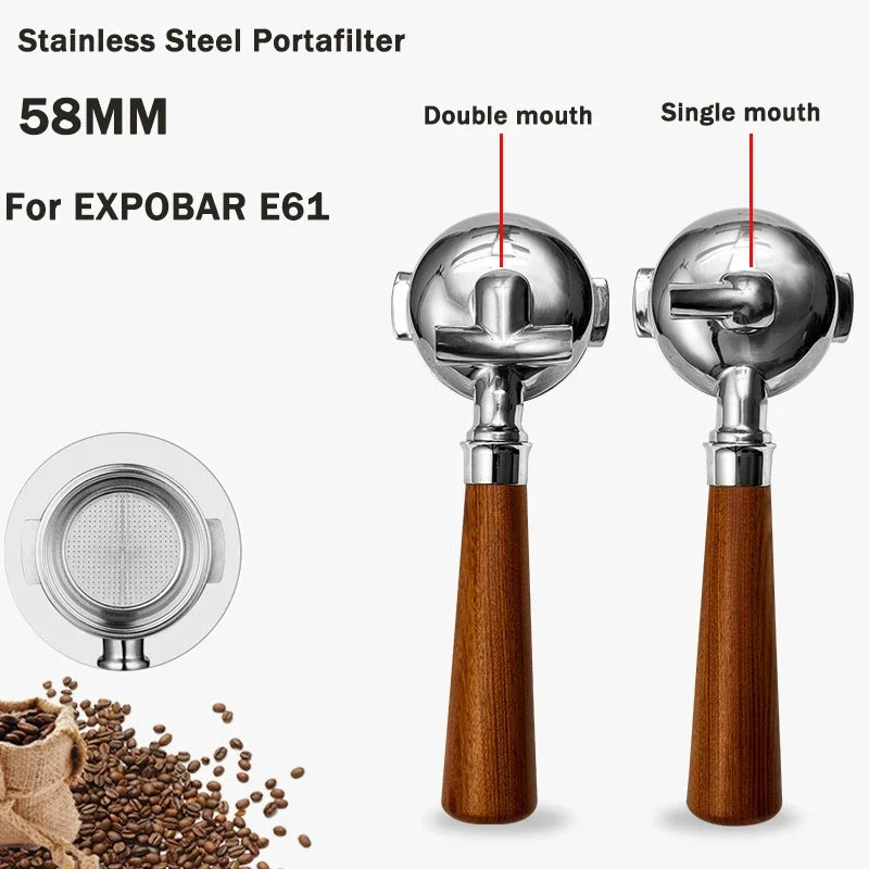 

58mm Single/Double Mouths Spout Coffee Portafilter Filter Holder For EXPOBAR E61 Solid Wood Handle Coffee Machine Barista Tools