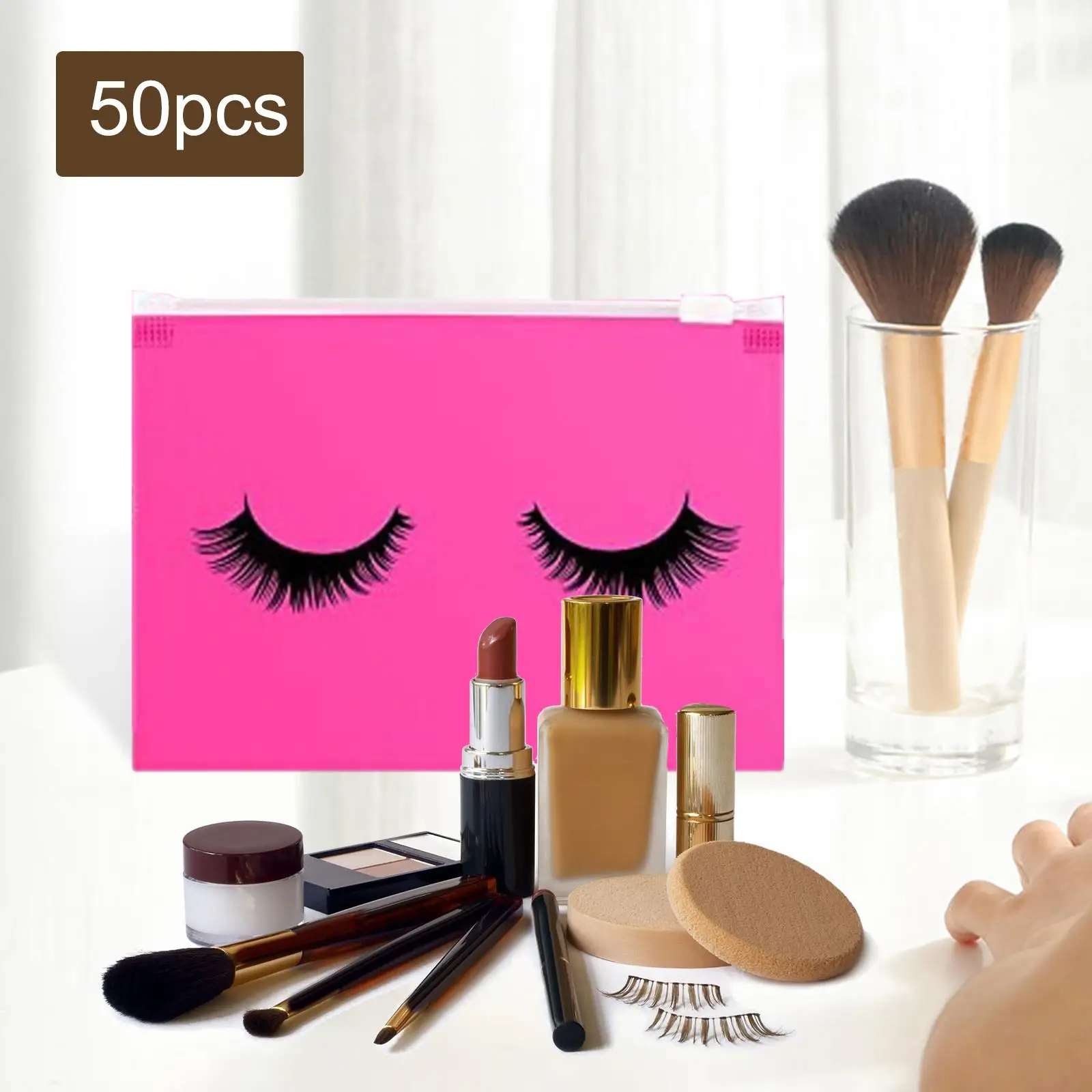 2-4 عبوة من 50 قطعة من أكياس الرموش مع سحاب رائع مقاس 15 × 10 سم وردي