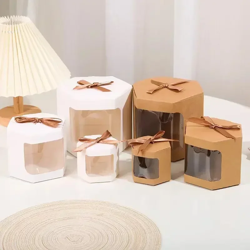 10pcs Hexagon Cake Box Packaging Paper Bags Candy Boxes Birthday Gift Box with Clear PVC Window Presents Flowers Sweets Packge