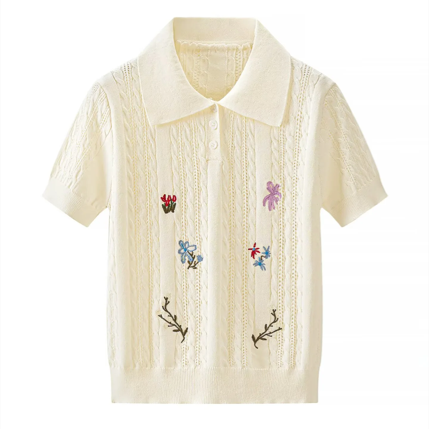 Withered Women's Wear 2026 Summer Literary Style Fashion Slim Lapel Fried Dough Twists Knitting Short Sleeve T-shirt